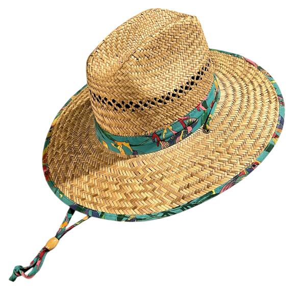 Vintage Straw Hat Tropical Print Band Adjustable Chin Strap One Size Fits All - Picture 1 of 5
